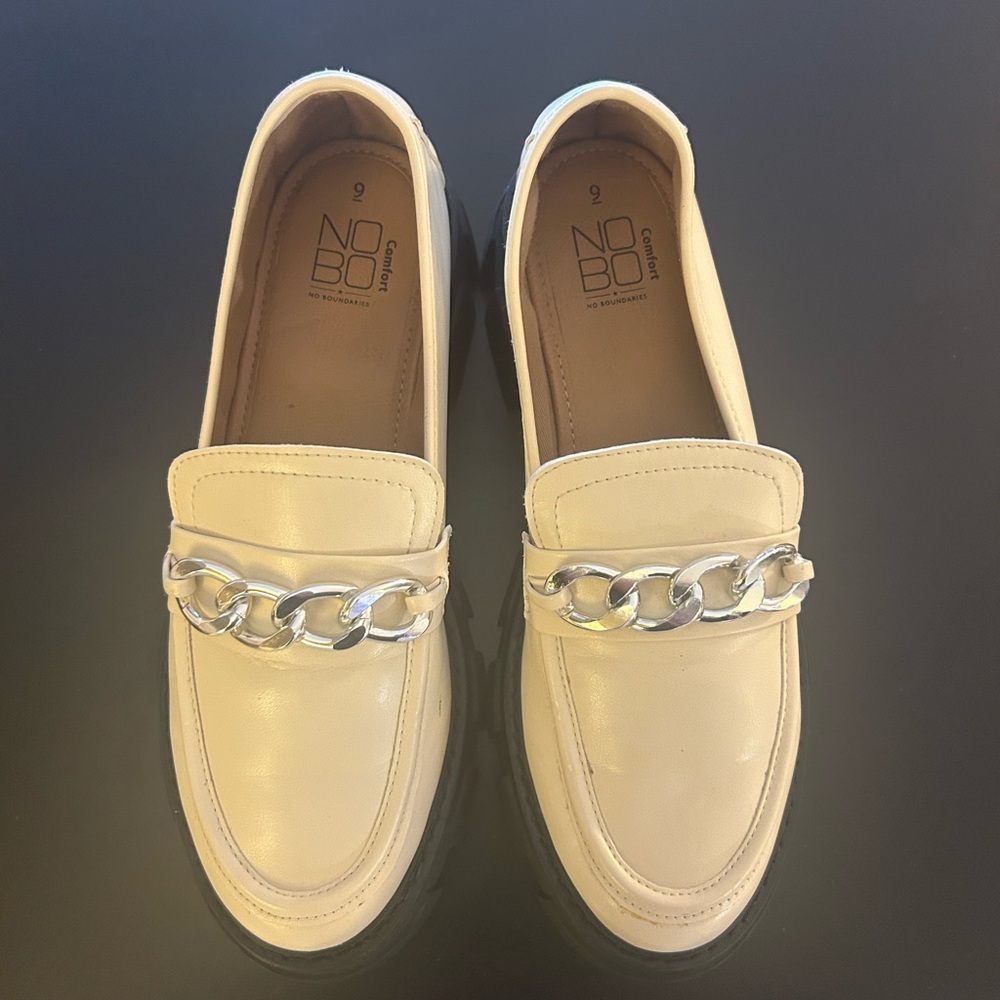 NOBO Chunky Heel Platform Oxford Shoes Cream Silver Chain Slip On Shoes Size 9
